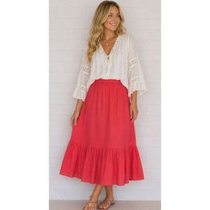 J. Crew 14 Tangerine Textured Dot Elastic Waist Ruffle Hem Line Midi Skirt